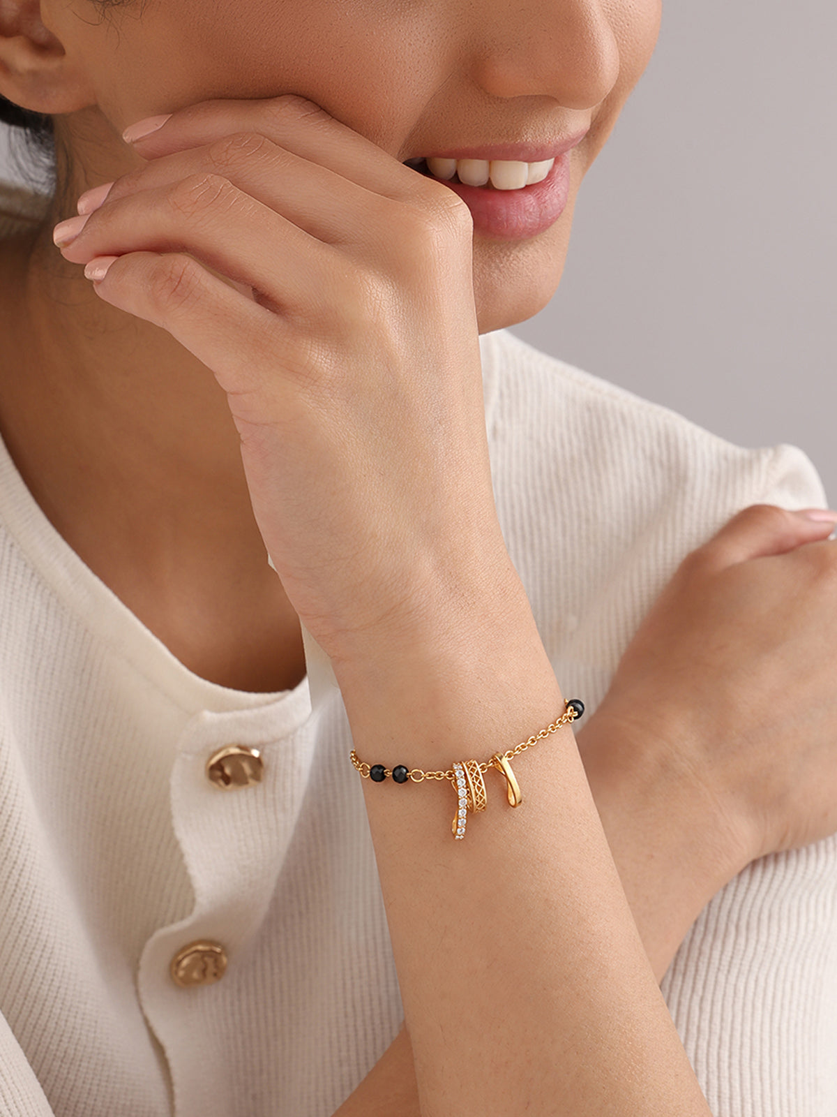 Gold-Plated Triple Ring Charm Mangalsutra Bracelet