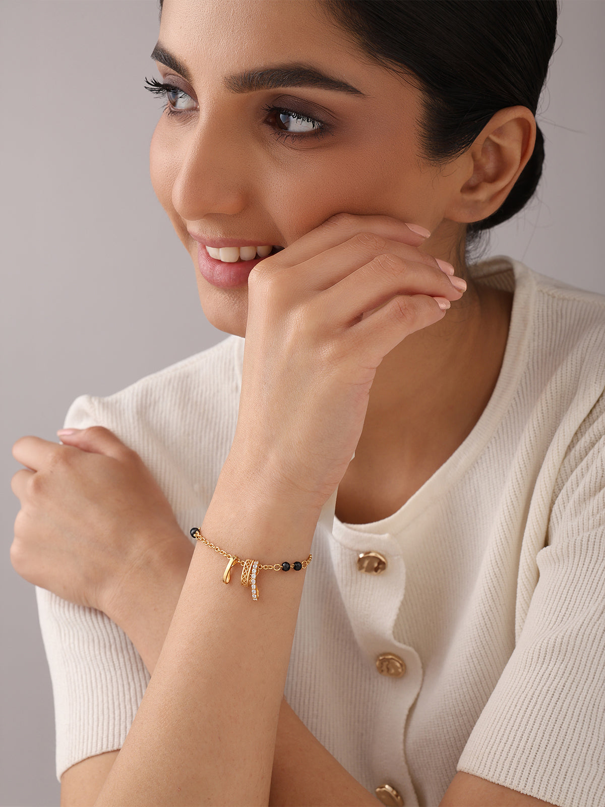 Gold-Plated Triple Ring Charm Mangalsutra Bracelet