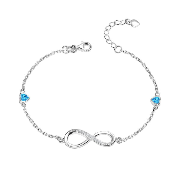 925 Sterling Silver CZ Infinity Blue Topaz Heart Charms Adjustable Bracelet for Women and Girls