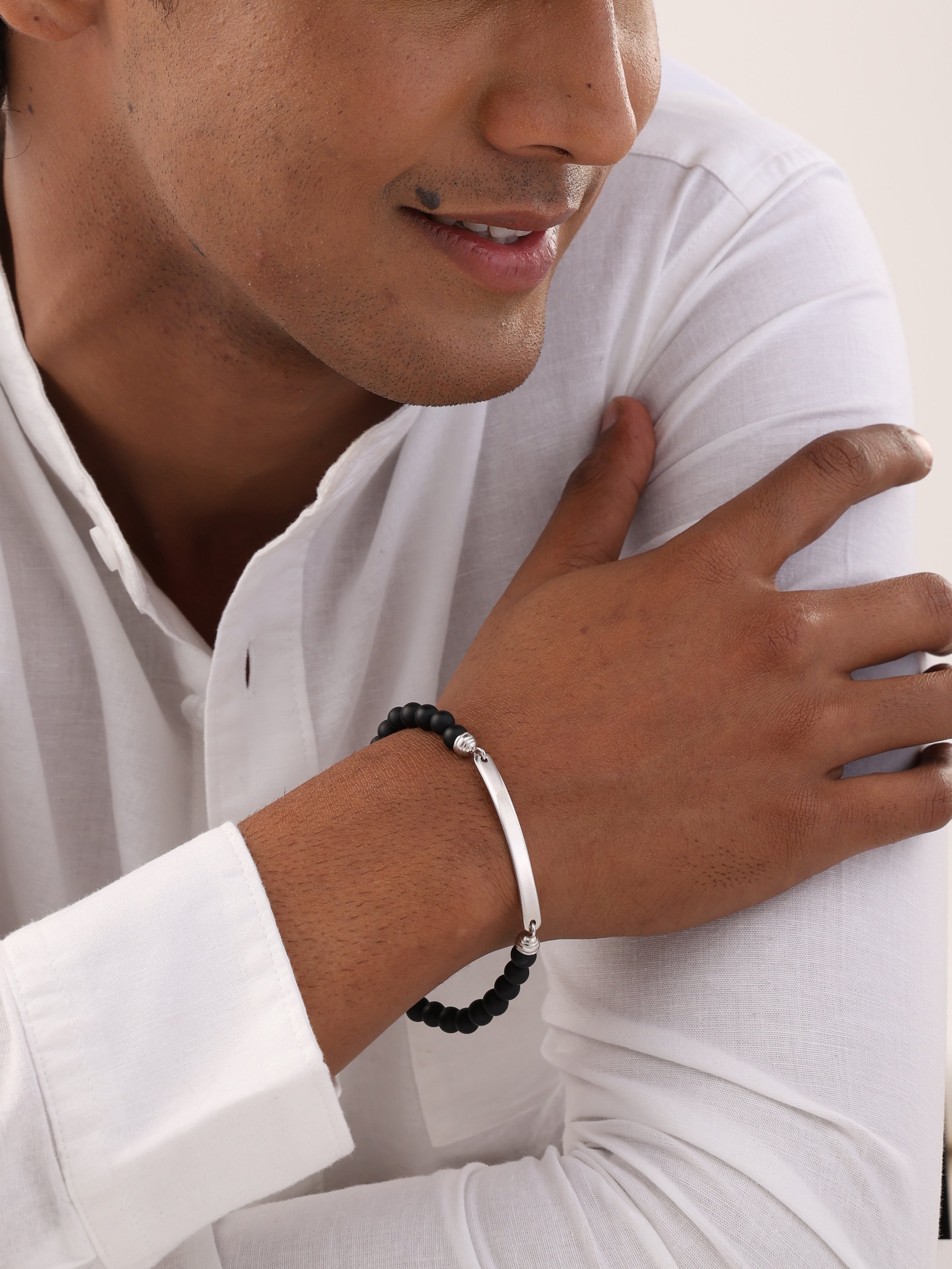 Black Bead Silver Bar Bracelet
