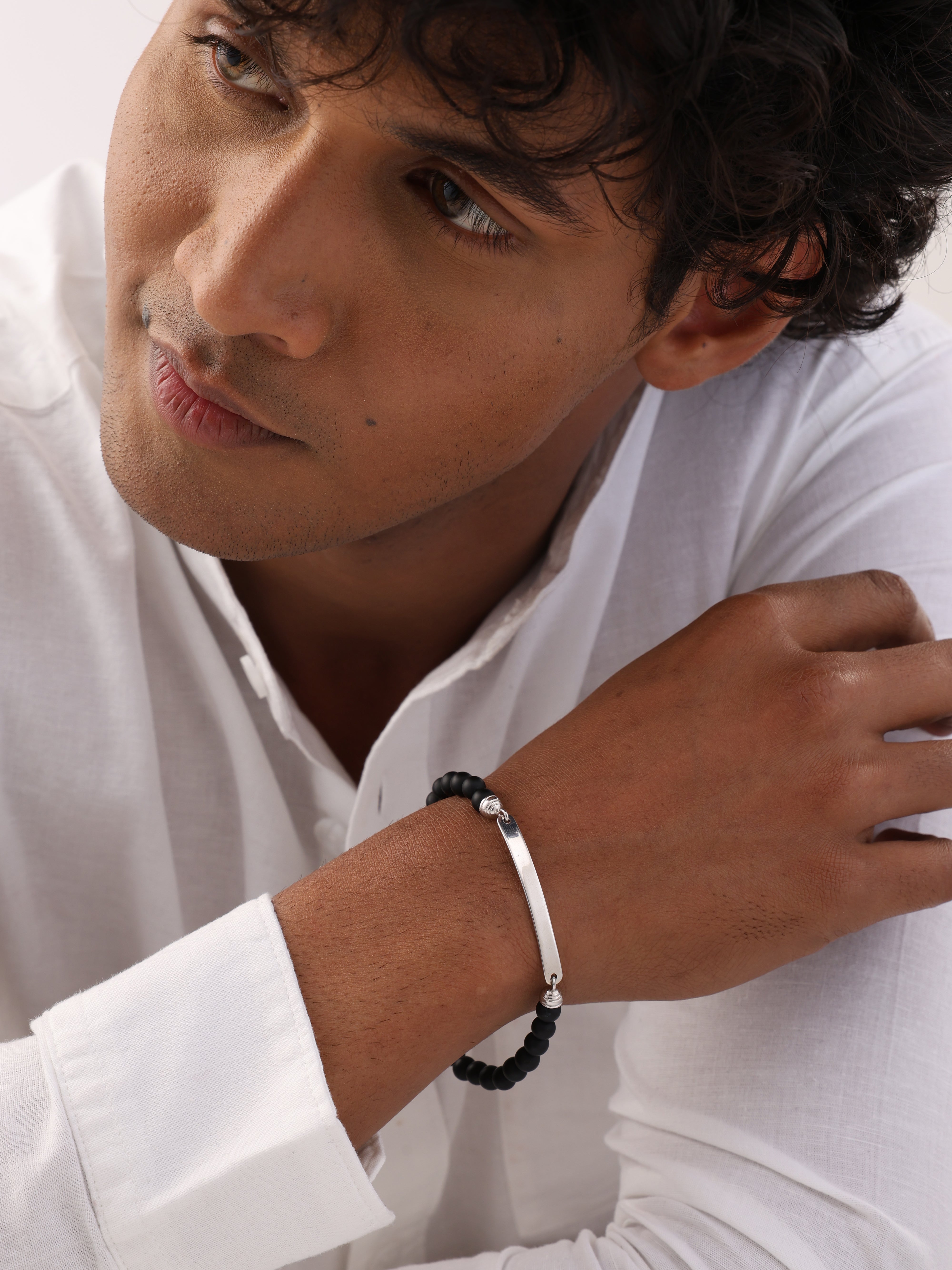 Black Bead Silver Bar Bracelet