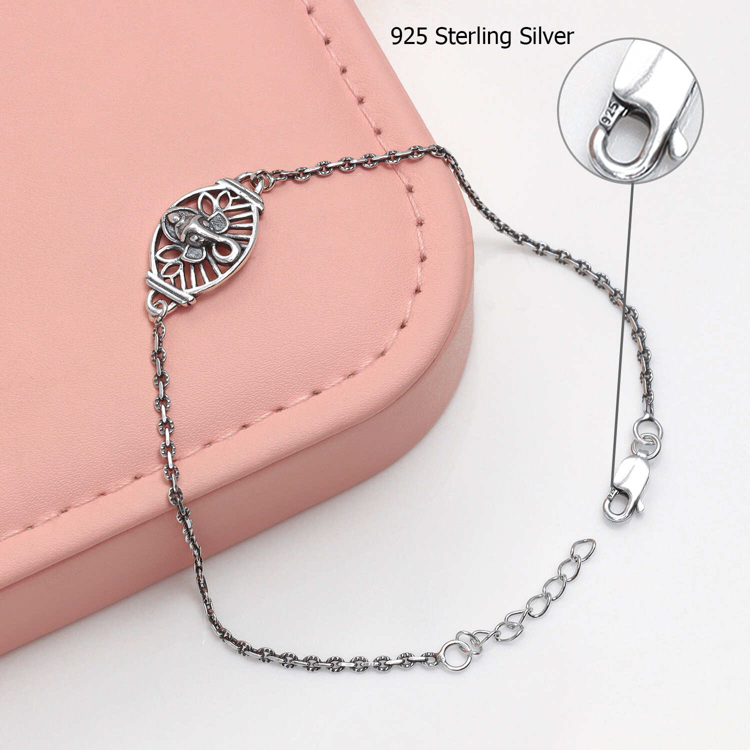 925 Sterling Silver Ganesh Ji Antique Finish Floral Design Rakhi Bracelet for Men and Boys