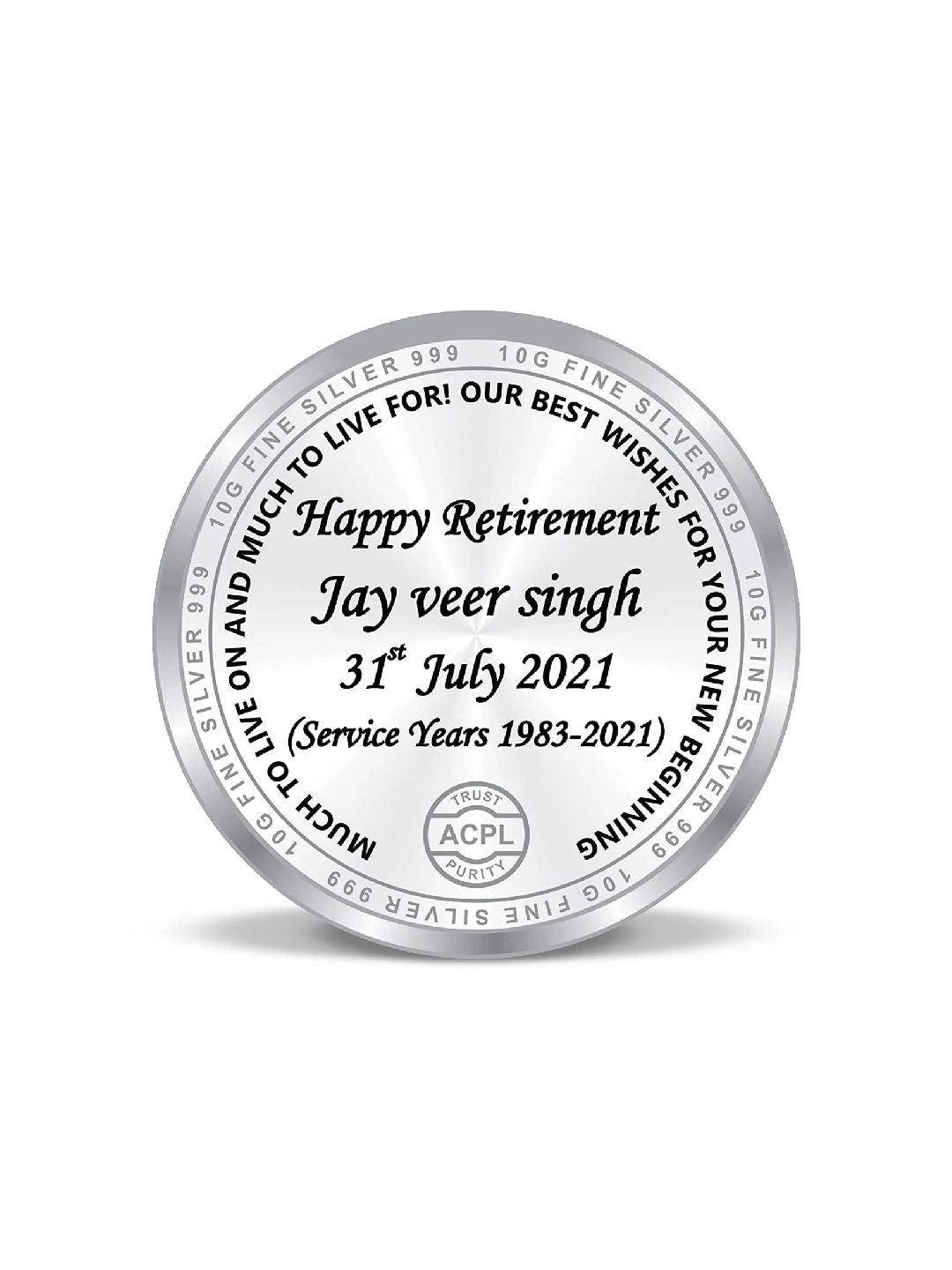 BIS Hallmarked Personalised Retirement Day Gift 20GM Silver Coin