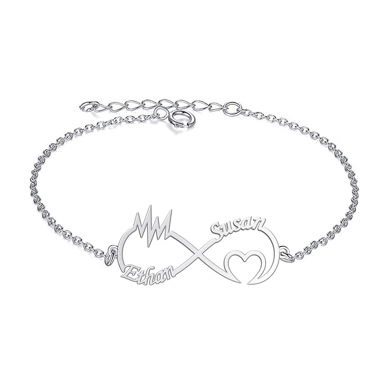 Personalised 925 Sterling Silver Infinity Name Heartbeat Lifeline Bracelet for Teen Women