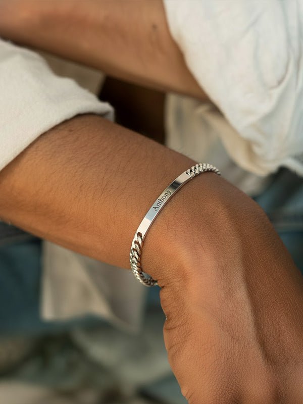 Personalised 925 Sterling Silver Engraved Name Curb-Link Bracelet for Men and Boys