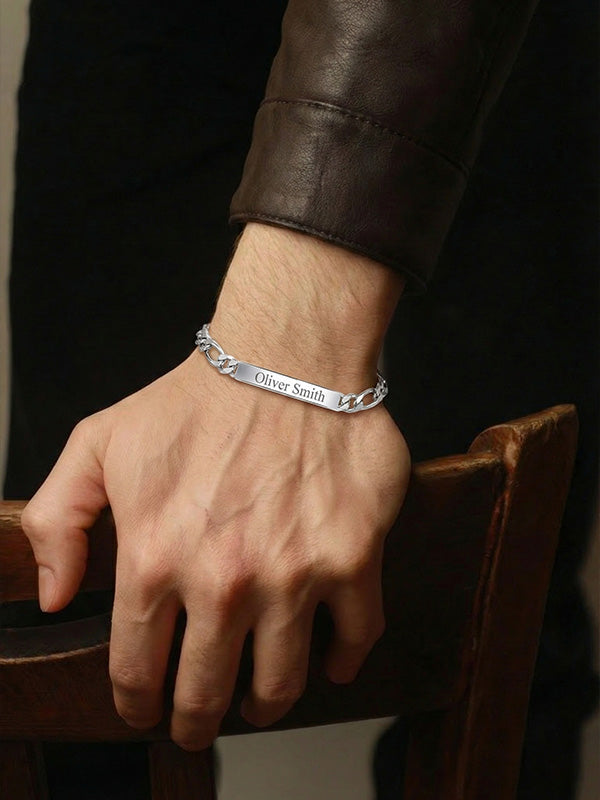 Personalised 925 Sterling Silver Engraved Name Figaro Chain Bracelet for Men and Boys