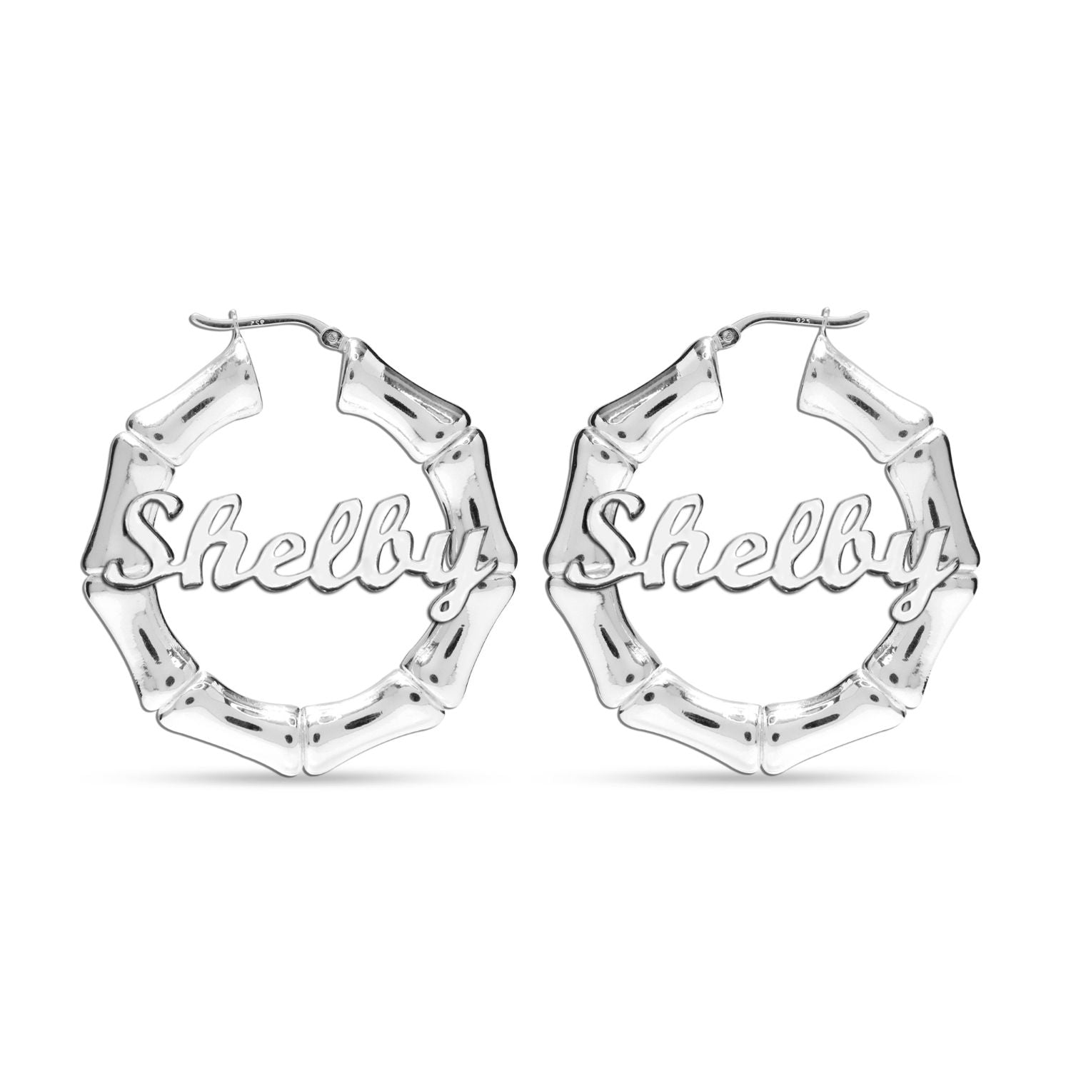 Personalised Customised 925 Sterling Silver Bamboo Name Hoop Earrings for Women and Girls 40 MM