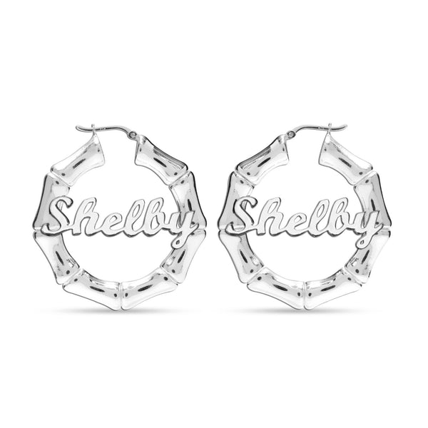 Personalised Customised 925 Sterling Silver Bamboo Name Hoop Earrings for Women and Girls 40 MM