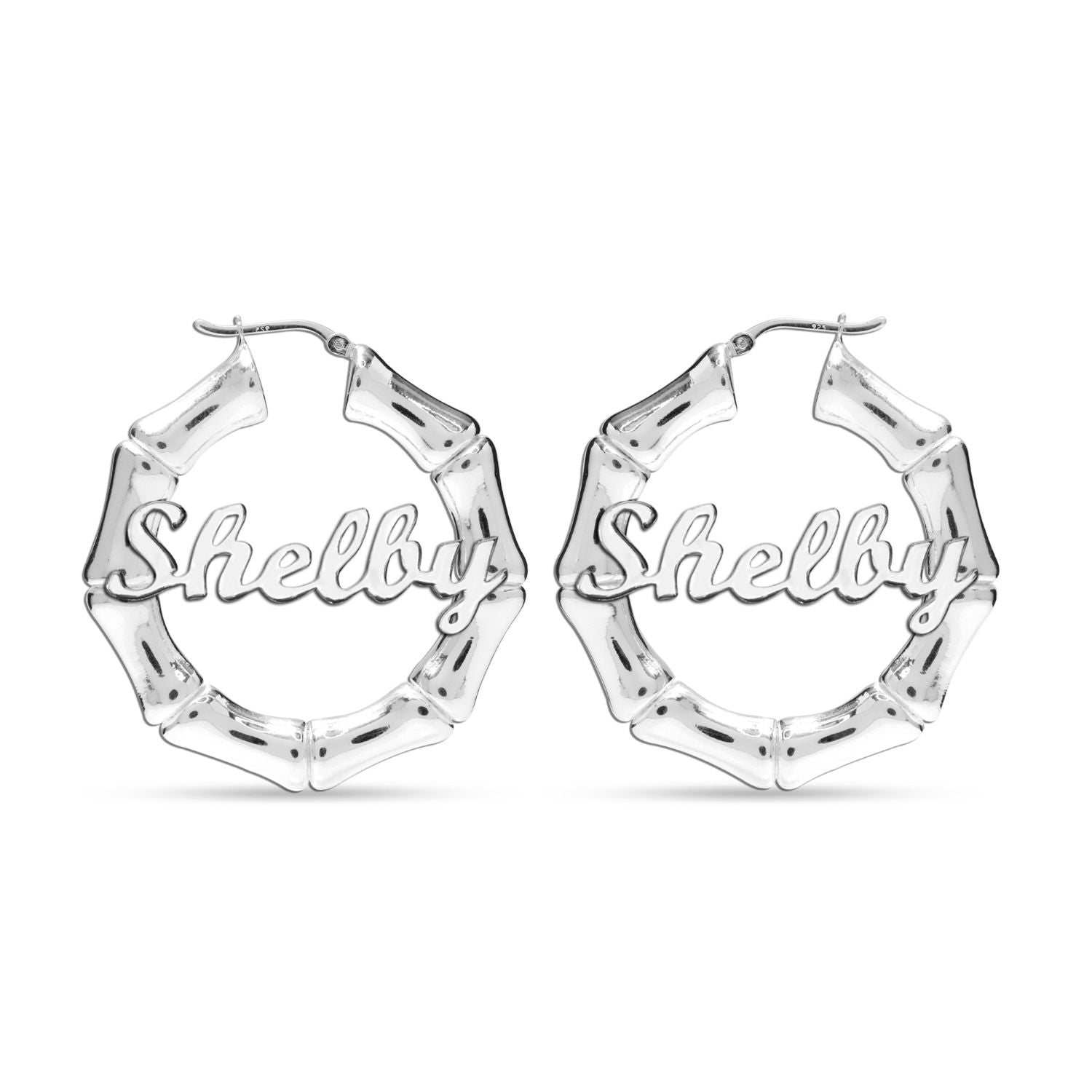 Personalised Customised 925 Sterling Silver Bamboo Name Hoop Earrings for Women and Girls