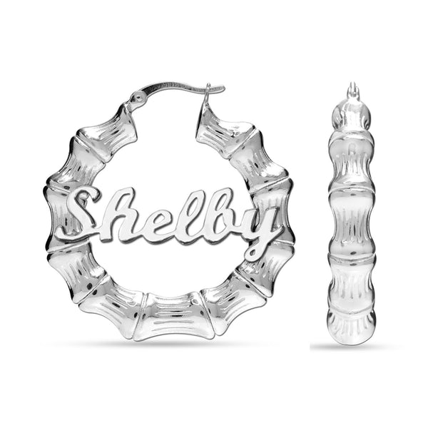 Personalised Customised 925 Sterling Silver Bamboo Name Hoop Earrings for Women and Girls 40 MM