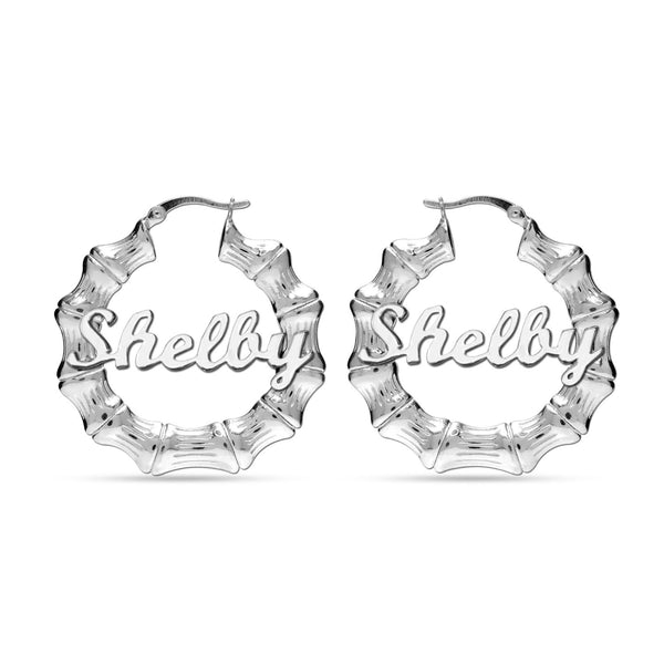 Personalised Customised 925 Sterling Silver Bamboo Name Hoop Earrings for Women and Girls 40 MM