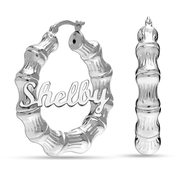 Personalised Customised 925 Sterling Silver Bamboo Name Hoop Earrings for Women and Girls 50 MM