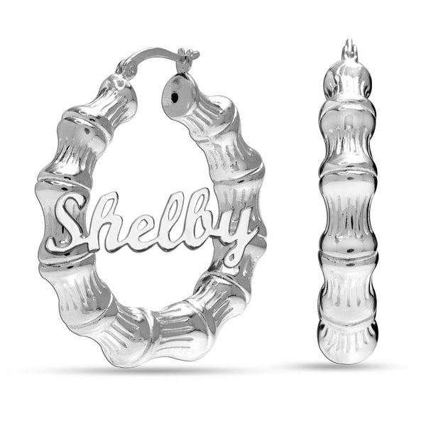 Personalised Customised 925 Sterling Silver Bamboo Name Hoop Earrings for Women and Girls 40 MM