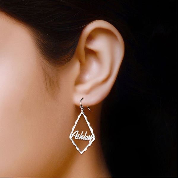 Personalised 925 Sterling Silver Name Rhombus Shape Earring for Teen Women