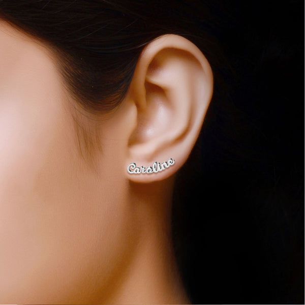 Personalised 925 Sterling Silver Rhodium Plated Name Stud Earrings for Teen Women