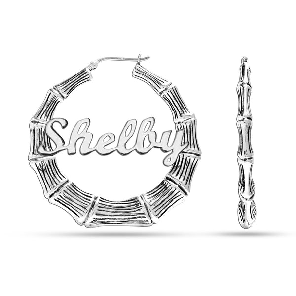 Personalised 925 Sterling Silver Tone Bamboo Name Hoop Earrings for Teen Women