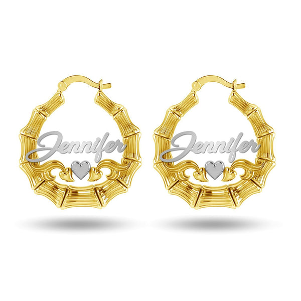 Personalised Customised 925 Sterling Silver Two-Tone Bamboo Heart Name Hoop Earrings for Women