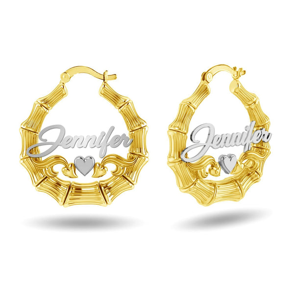 Personalised Customised 925 Sterling Silver Two-Tone Bamboo Heart Name Hoop Earrings for Women