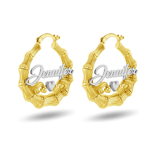 Personalised Customised 925 Sterling Silver Two-Tone Bamboo Heart Name Hoop Earrings for Women