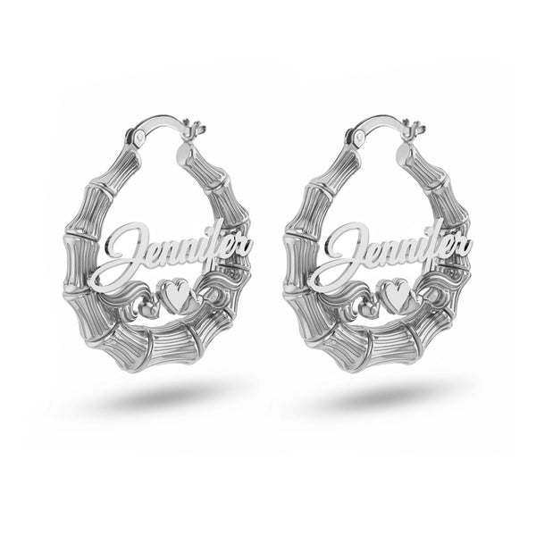 Personalised 925 Sterling Silver Tone Bamboo Heart Name Hoop Earrings for Teen Women