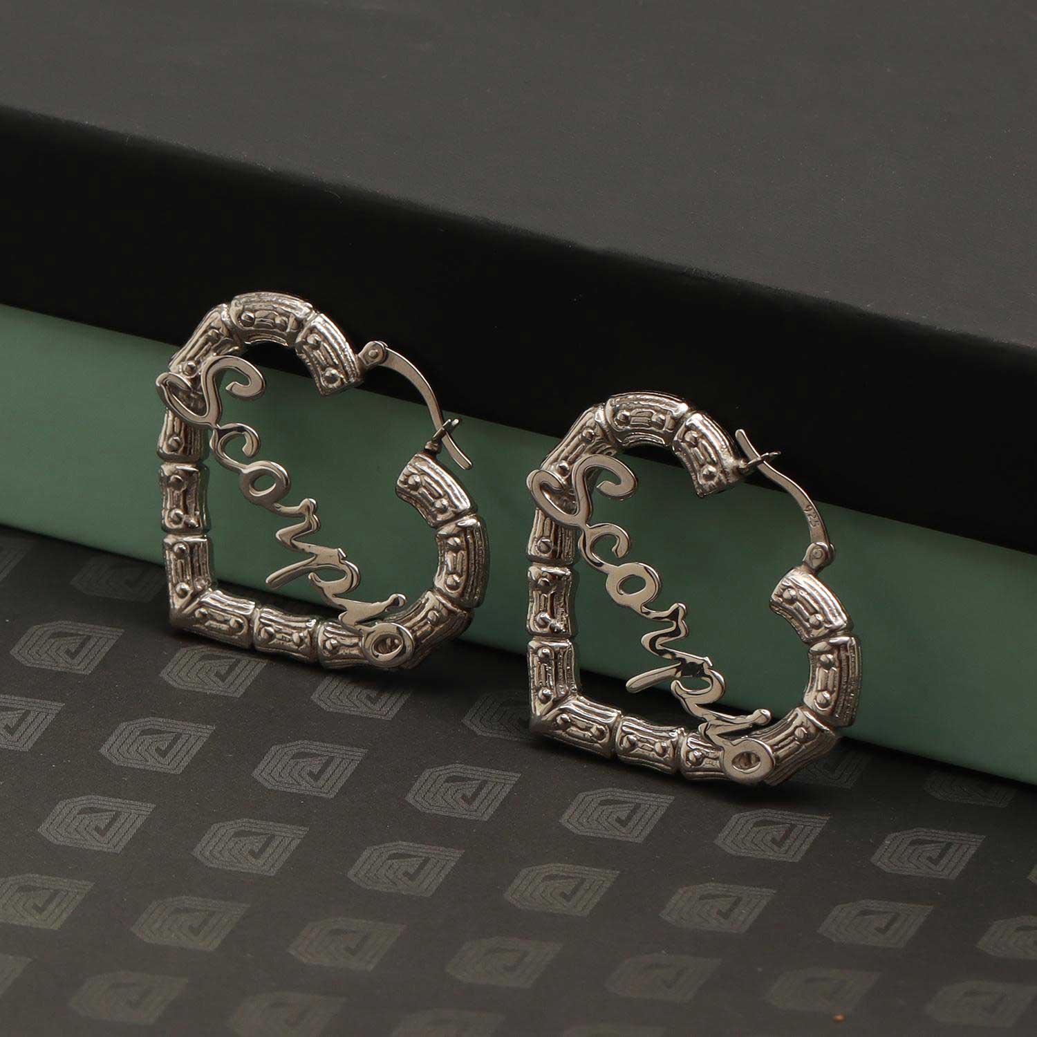 Personalised 925 Sterling Silver Name Heart Bamboo Hoop Earrings with Personalised Photo & Message BOX for Teen Women