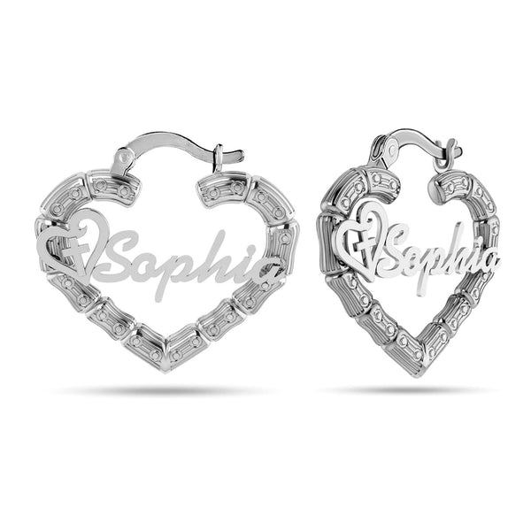 Personalised 925 Sterling Silver Name Heart Bamboo Hoop Earrings with Personalised Photo & Message BOX for Teen Women