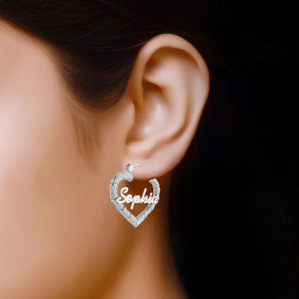Personalised 925 Sterling Silver Name Heart Bamboo Hoop Earrings with Personalised Photo & Message BOX for Teen Women