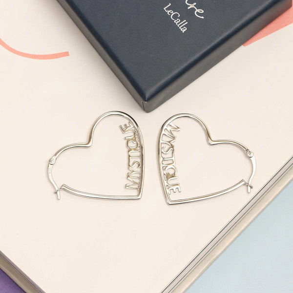 Personalised 925 Sterling Silver Name Heart Hoop Earrings with Personalised Photo & Message BOX for Teen Women
