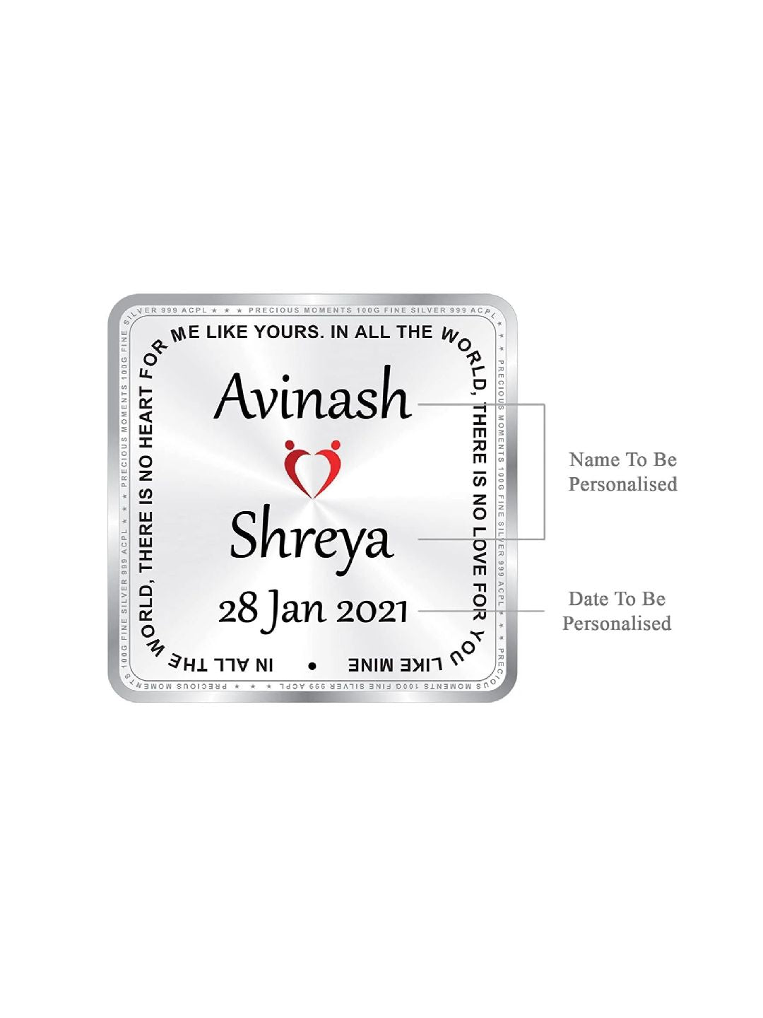BIS Hallmarked Personalised Silver Square Coin Wedding Anniversary 100 Gram 999 Pure