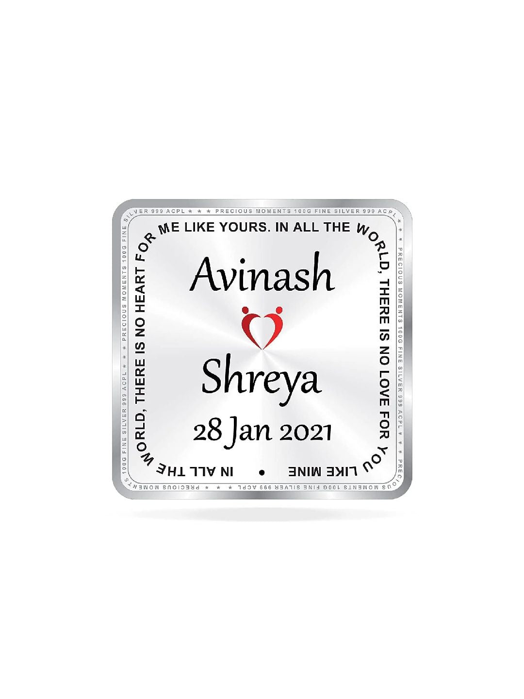 BIS Hallmarked Personalised Silver Square Coin Wedding Anniversary 100 Gram 999 Pure