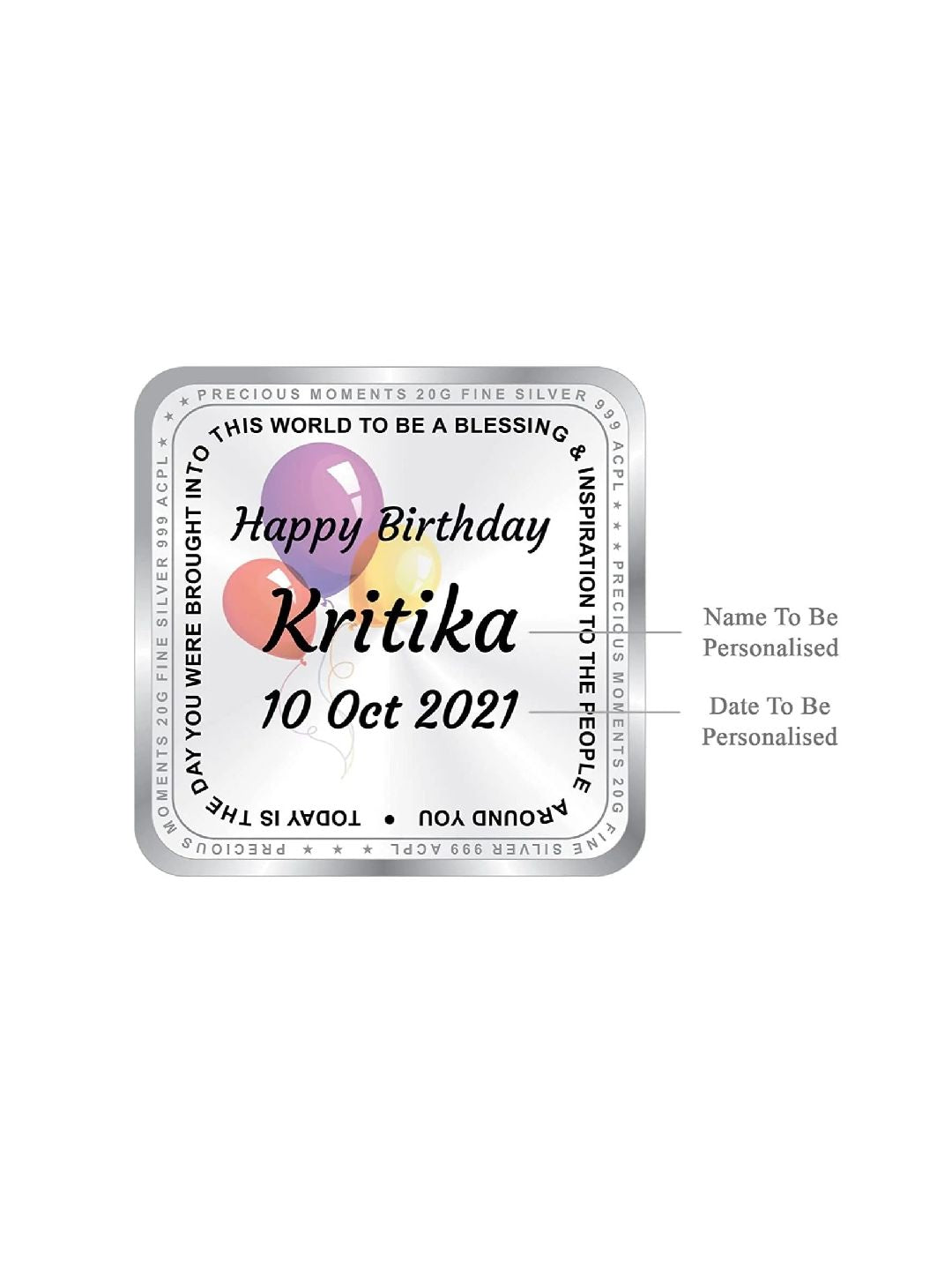 BIS Hallmarked Personalised Happy Birthday Silver Square Coin 20 Gram 999 Pure