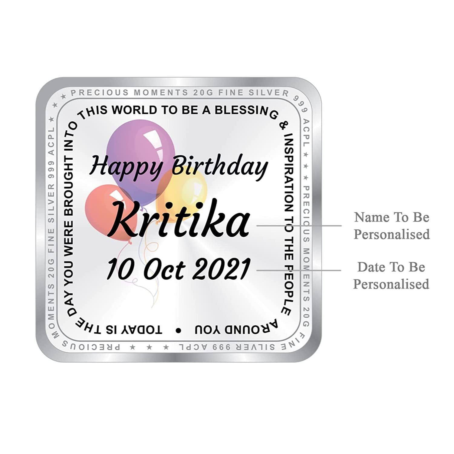 BIS Hallmarked Personalised Happy Birthday Silver Square Coin 20 Gram 999 Pure