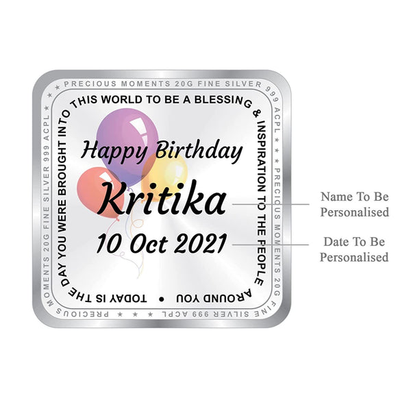 BIS Hallmarked Personalised Happy Birthday Silver Square Coin 20 Gram 999 Pure