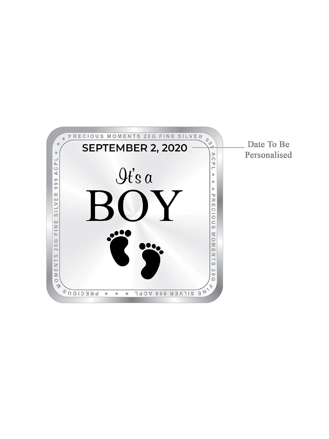 BIS Hallmarked Personalised Silver Square Coin New Born Baby Boy 20 Gram 999 Pure