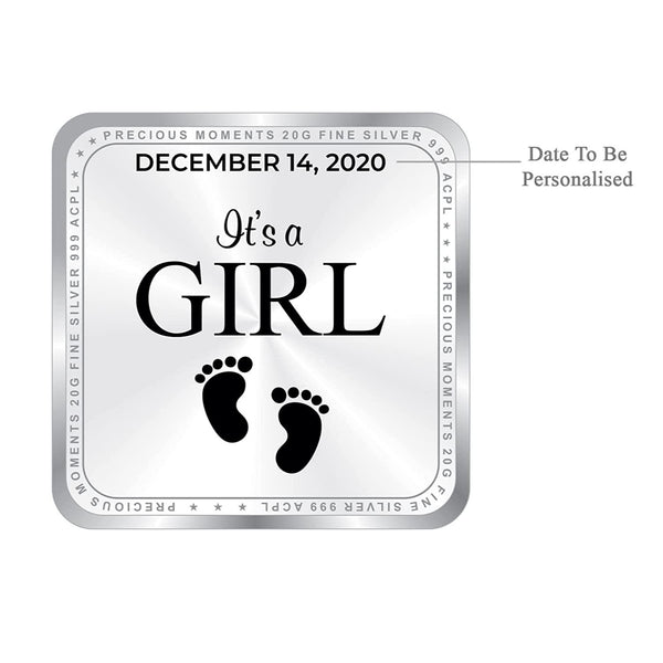 BIS Hallmarked Personalised Silver Square Coin New Born Baby Girl 20 Gram 999 Pure