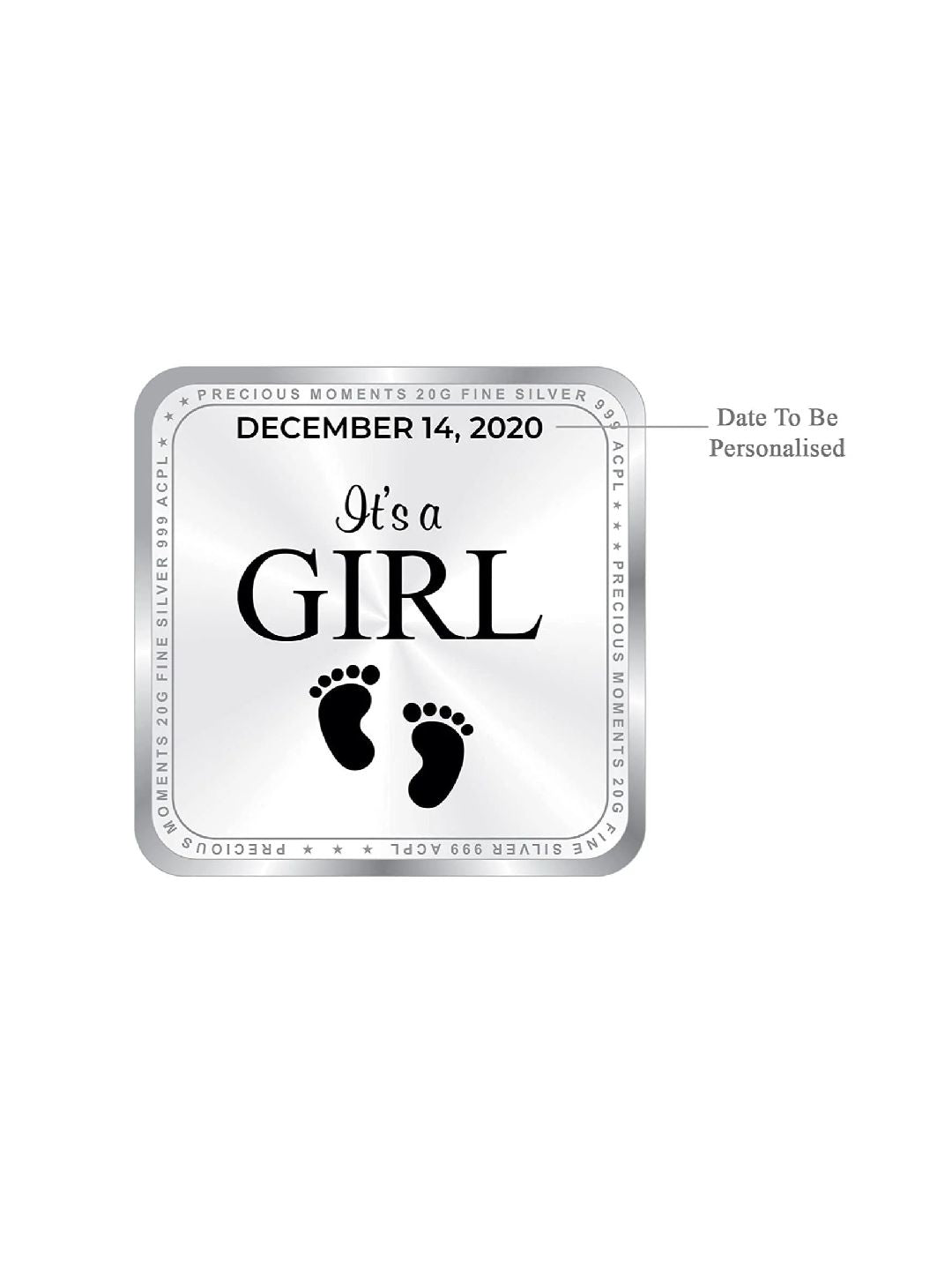 BIS Hallmarked Personalised Silver Square Coin New Born Baby Girl 20 Gram 999 Pure
