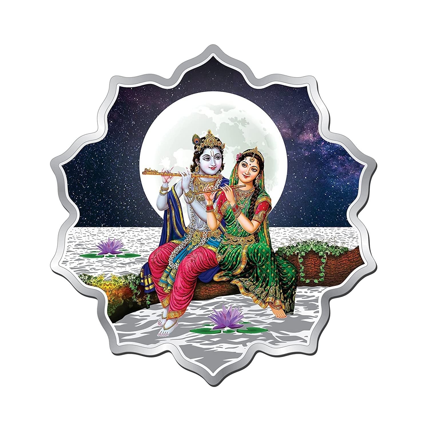 BIS Hallmarked Radha Krishna lotus Design 999 Pure Silver Coin