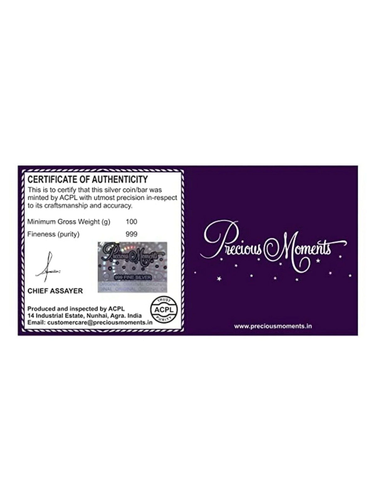 BIS Hallmarked Silver 100 Gram Currency Bar Rs.10000 999 Pure