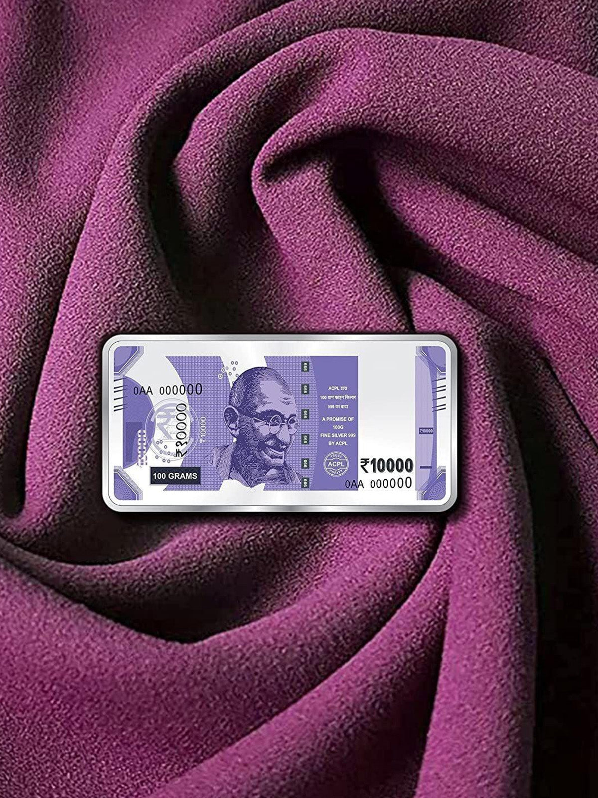BIS Hallmarked Silver 100 Gram Currency Bar Rs.10000 999 Pure