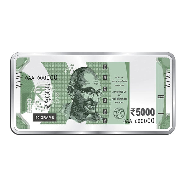 BIS Hallmarked 50 Gram Silver Currency Bar Rs.5000 999 Pure
