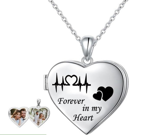 Personalised 925 Sterling Silver Heart Couple Photo & Message Love Printed Pictures Pendant Necklace for Women