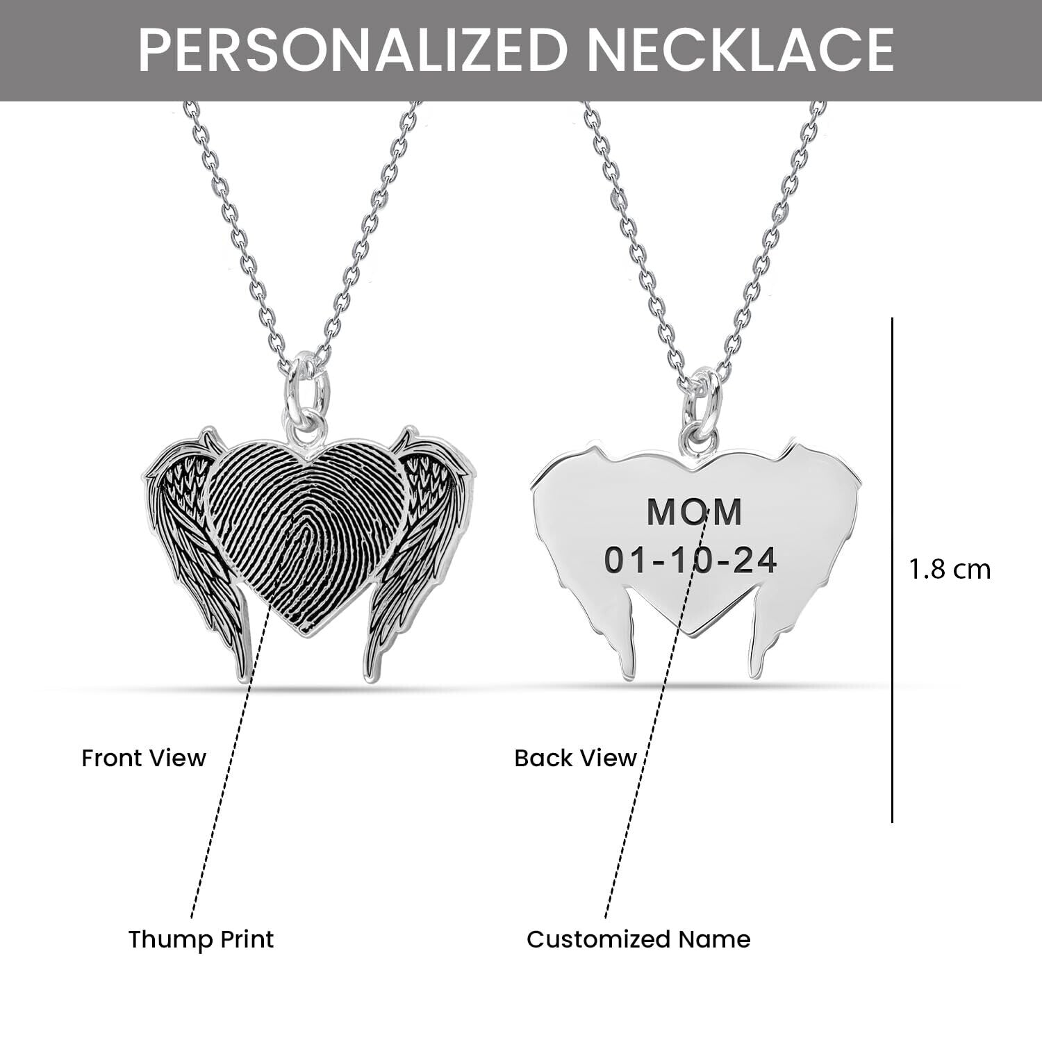 Personalised 925 Sterling Silver Engraved Fingerprint Angel Wing Heart Pendant Necklace for Women