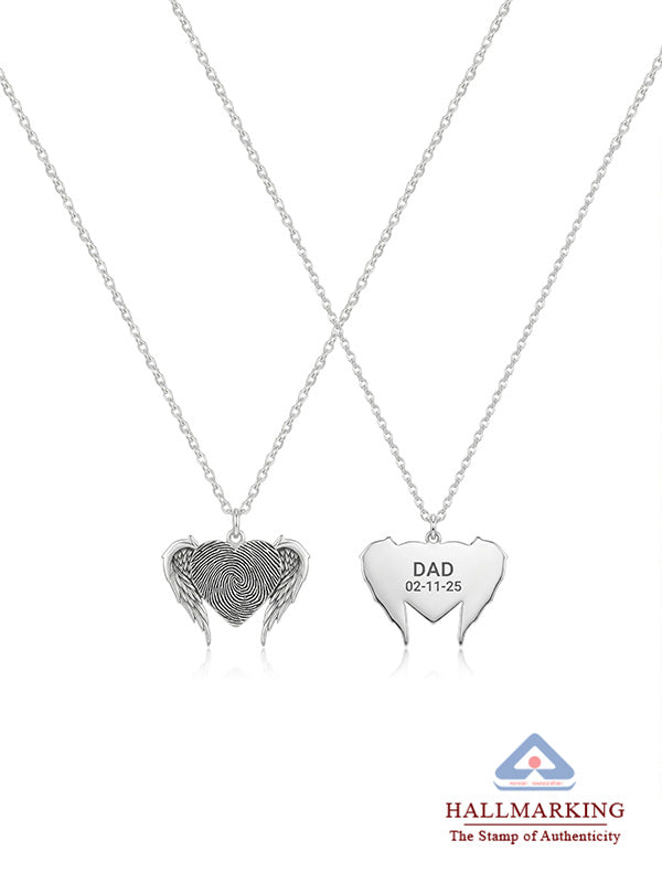 Personalized Angel Wing Fingerprint Heart Necklace