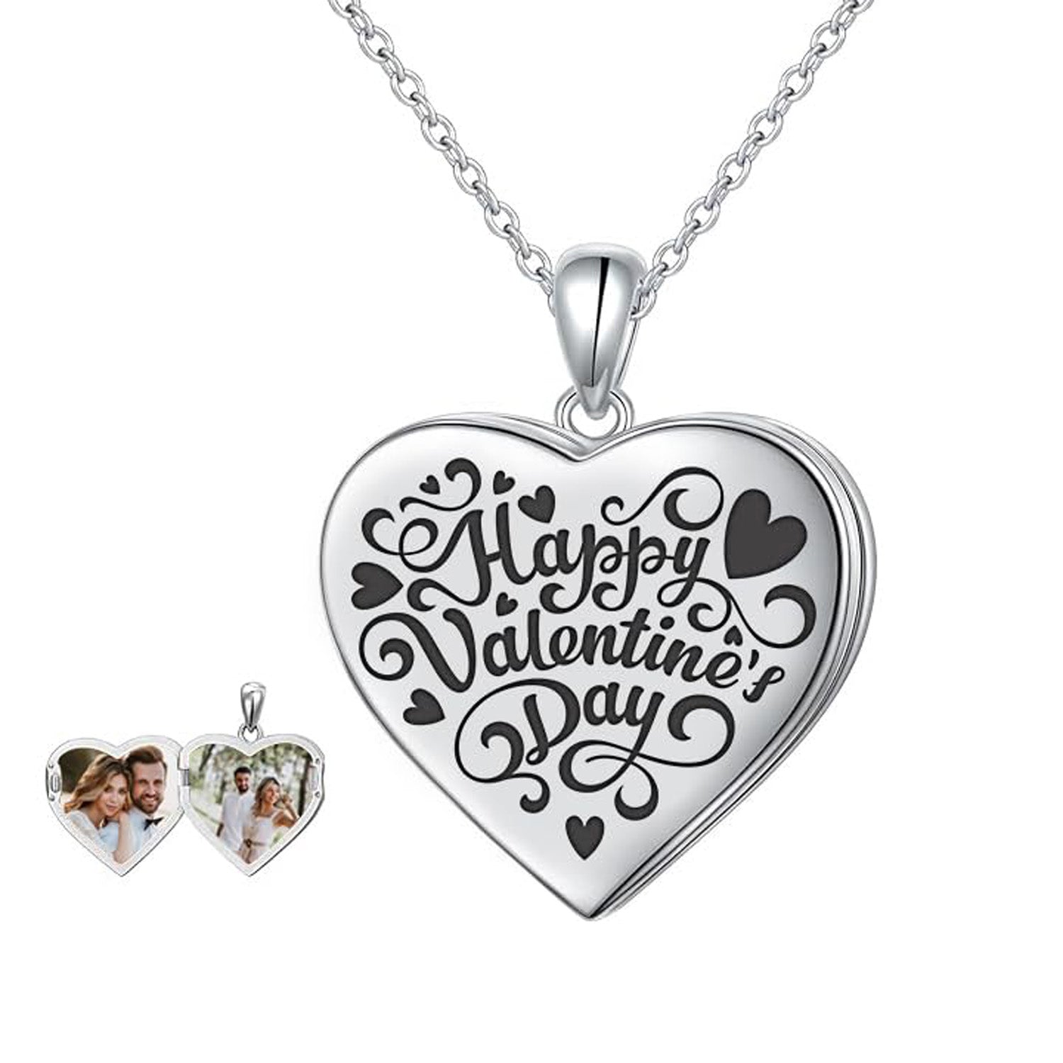 Personalised 925 Sterling Silver Heart Couple Photo & Message Love Printed Pictures Pendant Necklace for Women