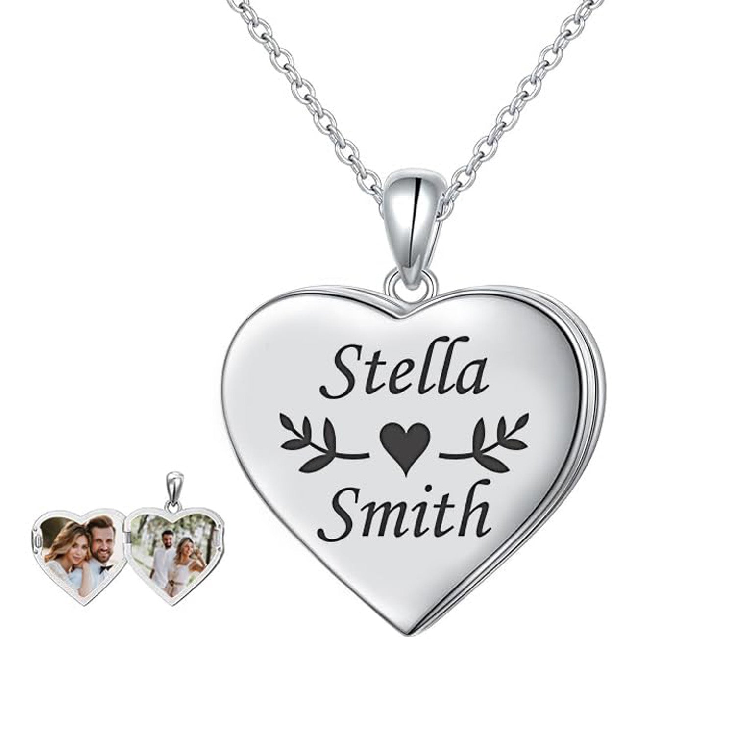 Personalised 925 Sterling Silver Heart Couple Photo & Message Love Printed Pictures Pendant Necklace for Women