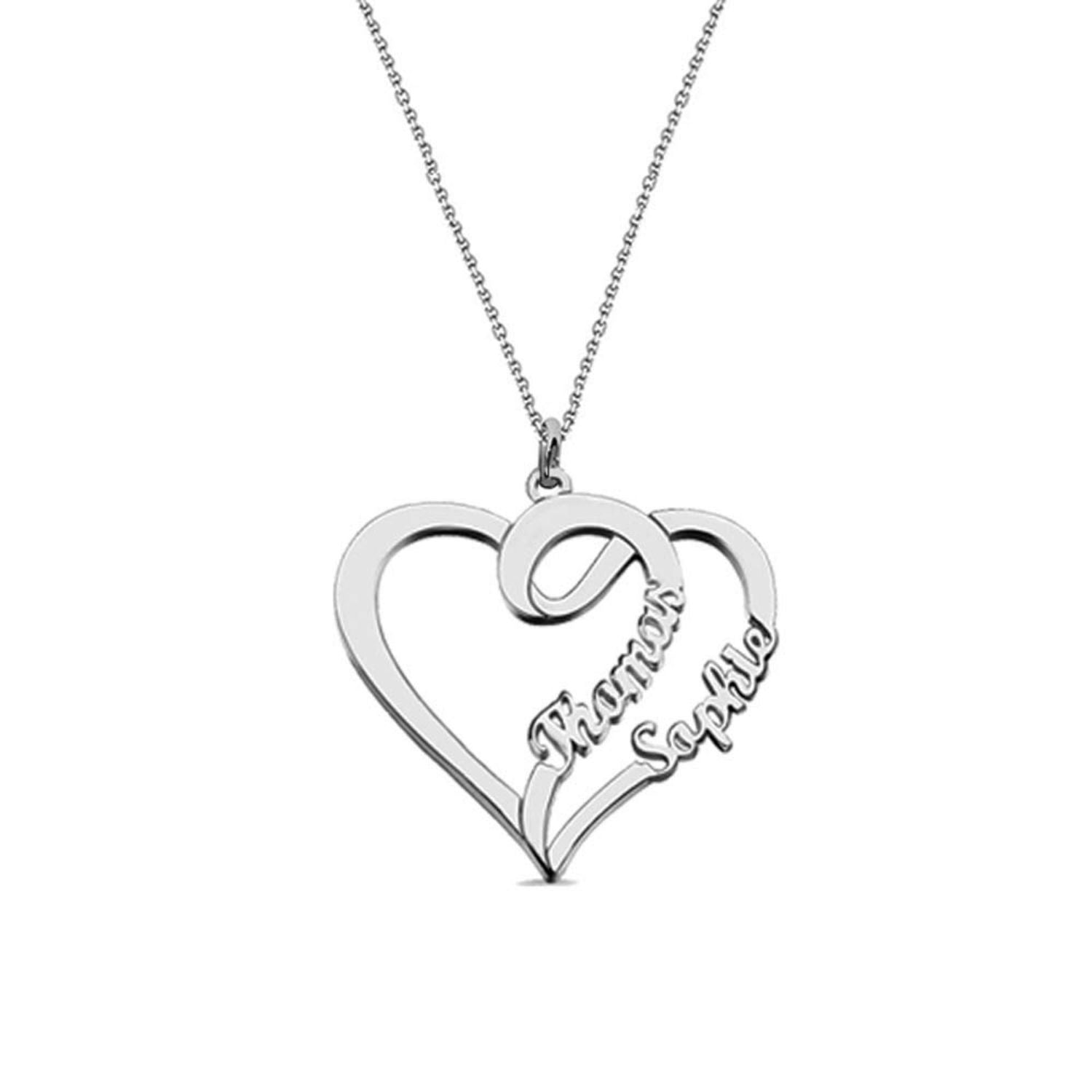 Personalised 925 Sterling Silver 2 Name Double Heart Pendant Necklace for Teen Women