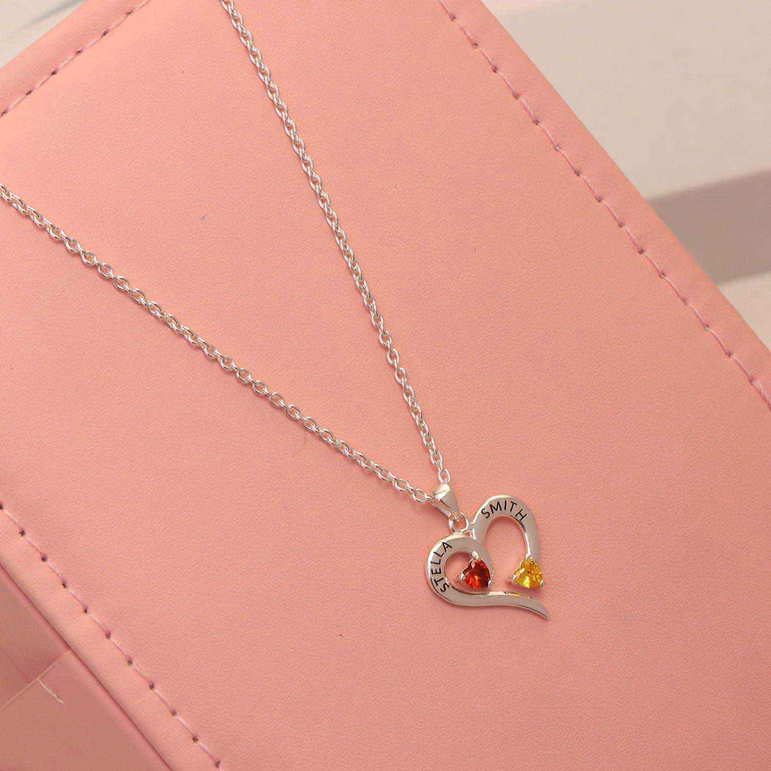 Personalised 2 Names with 2 Heart Birthstone Couple Pendant Necklace for Women and Teen
