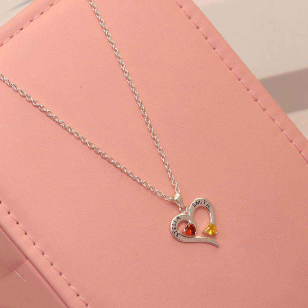 Personalised 2 Names with 2 Heart Birthstone Couple Pendant Necklace for Women and Teen