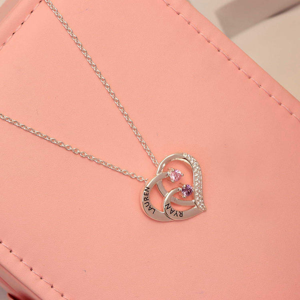 Personalised Two Name with Birthstone Heart Shape Necklace For Women
