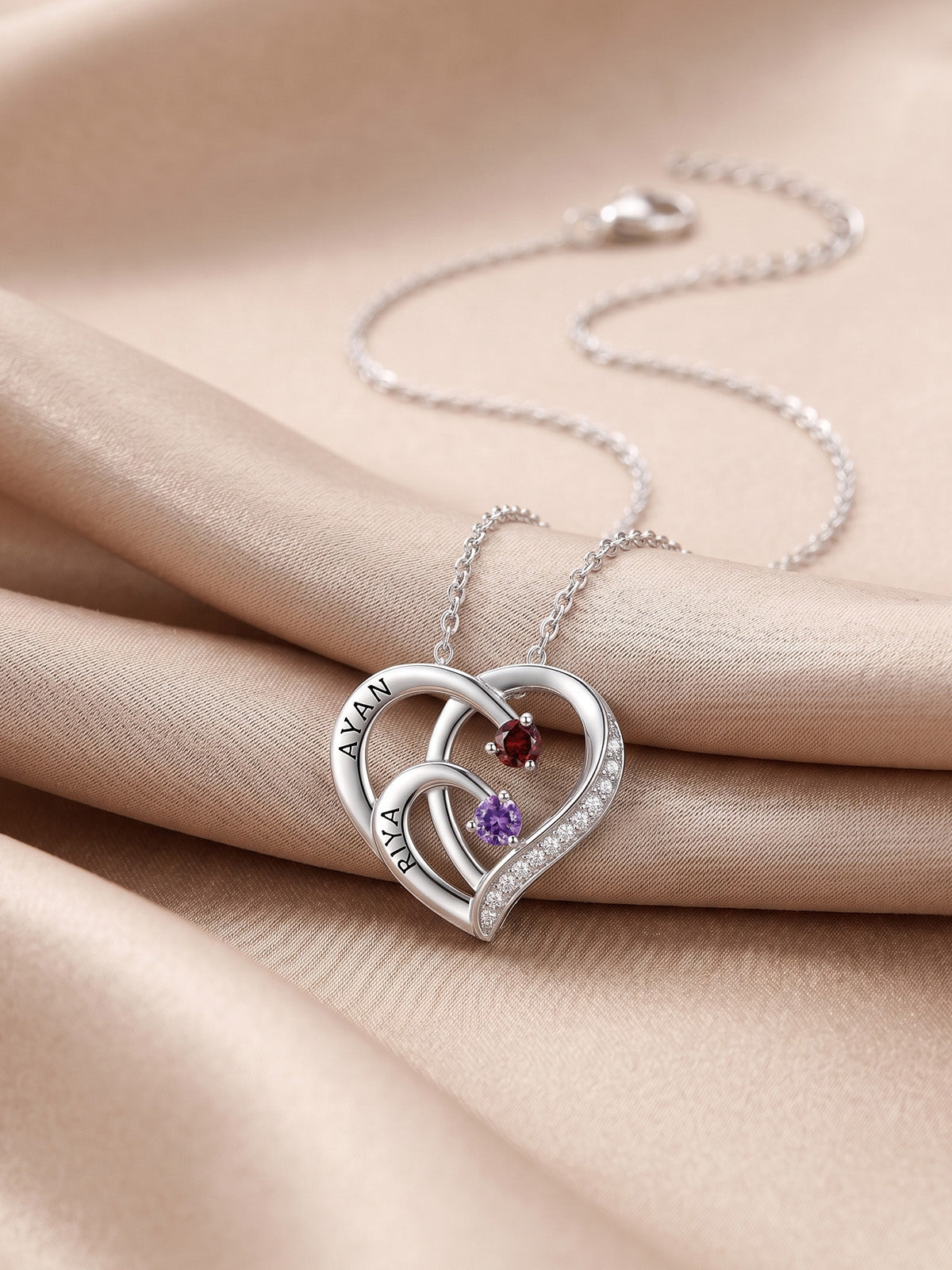 Personalized Two Name Heart Birthstone Necklace